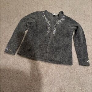 EUC Vintage Dressbarn gray cardigan silk blend with beautiful beading design M